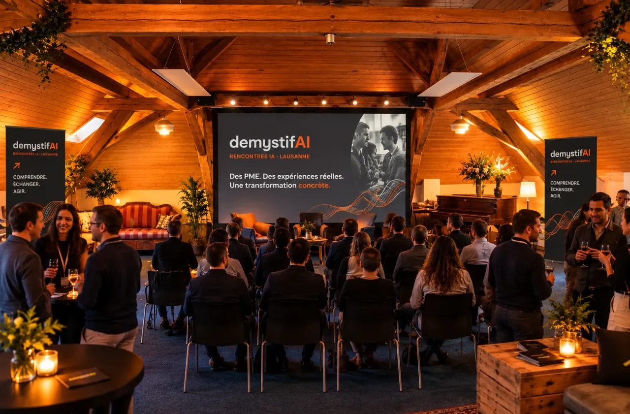 Une salle sous une charpente en bois, à la lumière chaude, avec un écran DemystifAI et des participants assis ou debout autour d'un verre